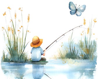 12 imágenes prediseñadas de niños pescando, niño pequeño pescando, imágenes prediseñadas de acuarela imprimibles, JPG de alta calidad, descarga digital, manualidades en papel, diario de recortes