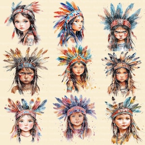 K&ouml;nnte beinhalten: Aquarellportr&auml;ts junger M&auml;dchen mit farbenfrohen indianischen Kopfschmucken, die mit Federn verziert sind. Jedes Portr&auml;t zeigt einzigartige Gesichtsausdr&uuml;cke und komplizierte Details, die eine Mischung aus leuchtenden Farben und k&uuml;nstlerischem Stil zeigen.