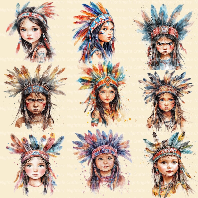 K&ouml;nnte beinhalten: Aquarellportr&auml;ts junger M&auml;dchen mit farbenfrohen indianischen Kopfschmucken, die mit Federn verziert sind. Jedes Portr&auml;t zeigt einzigartige Gesichtsausdr&uuml;cke und komplizierte Details, die eine Mischung aus leuchtenden Farben und k&uuml;nstlerischem Stil zeigen.