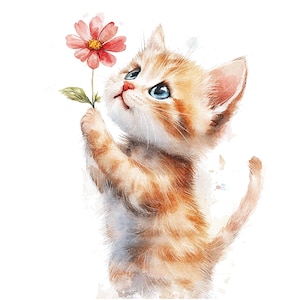 9 Kitten With Flower Clipart set 2, Cat Clipart, Printable Watercolor clipart, High Quality JPG, Digital download, Paper craft, junk journal