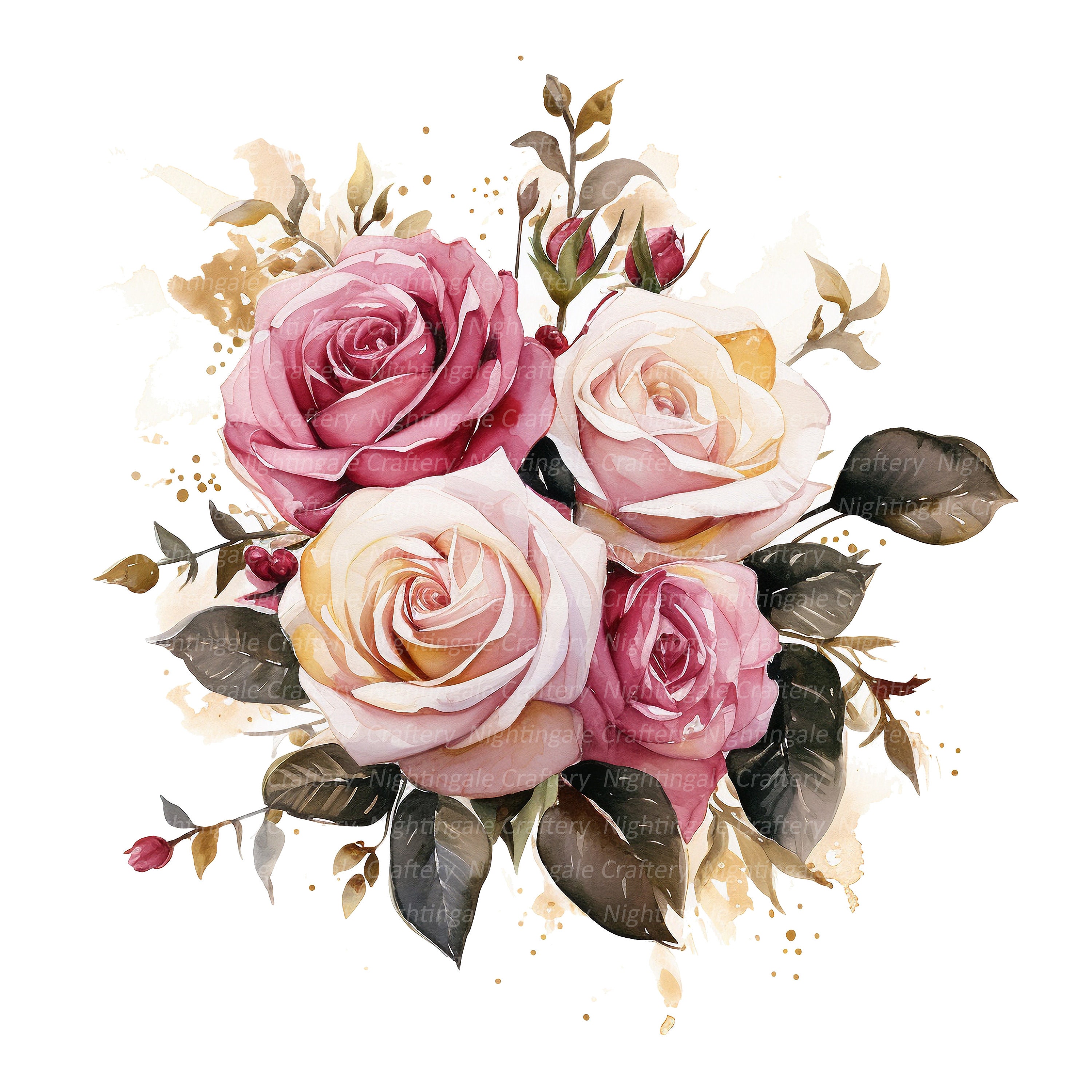 Pink Roses Prinatable 12 Roses Bouquet Set 2 Clipart, Pink Roses, Printable Watercolor ...