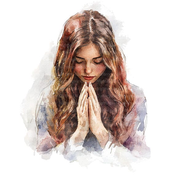 聖書に登場する祈る女性のイラスト8点セット2、祈り、印刷可能な水彩画
