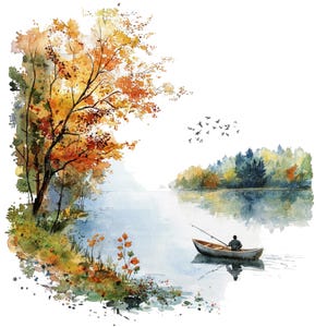 10 imágenes prediseñadas de pesca 2, paisaje de pesca en barco, imágenes prediseñadas de acuarela imprimibles, archivos JPG de alta calidad, descarga digital, manualidades de papel, diario basura