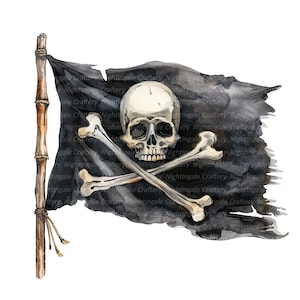 Puede incluir: Una bandera pirata negra con una calavera blanca y huesos cruzados. La bandera está desgarrada y desgastada, lo que le da un aspecto vintage.