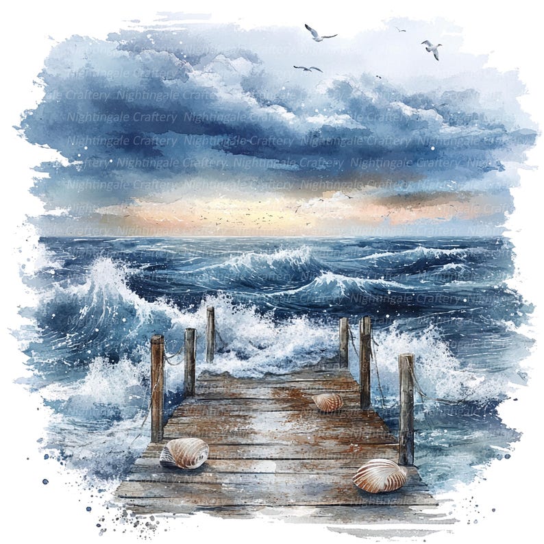 May include: A watercolor painting of a wooden pier extending into a stormy sea. The waves are crashing against the pier, and the sky is dark and cloudy. There are three seashells on the pier.