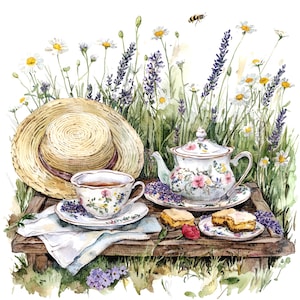 Pique-nique à la campagne, pique-nique, Tea Party Clipart, clipart aquarelle imprimable, JPG de haute qualité, téléchargement numérique, créations en papier, journal indésirable