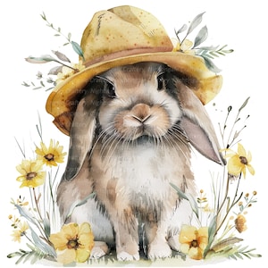 10 Süßer Hase Mit Hut Clipart, Frühling Hase, druckbare Aquarell Clipart, hochwertige JPGs, digitaler Download, Papierhandwerk, Junk Journal