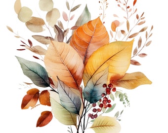 12 Autumn Leaves Bouquet Clipart, Fall Leaves, Printable Watercolor clipart, High Quality JPGs, Digital download, Paper craft, junk journals