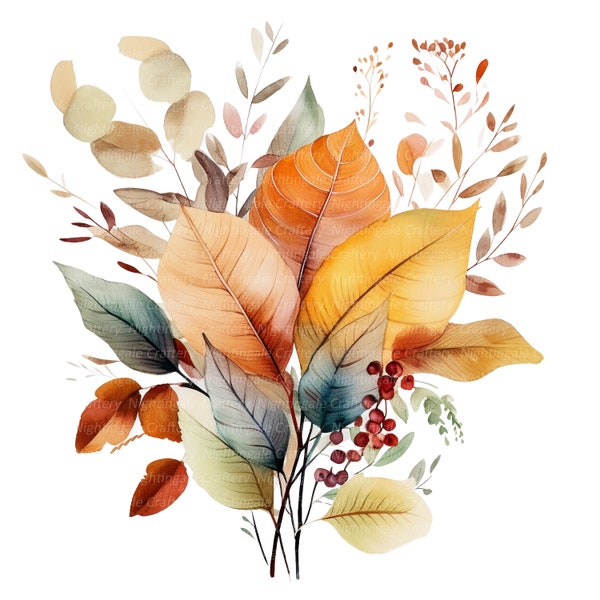 12 Autumn Leaves Bouquet Clipart, Fall Leaves, Printable Watercolor clipart, High Quality JPGs, Digital download, Paper craft, junk journals