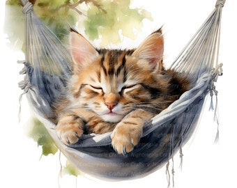 眠っている猫のクリップアート12点、ハンモックの猫、印刷可能な水彩