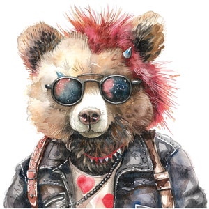 10 imágenes prediseñadas de punk oso, impresión de punk rock, imágenes prediseñadas de acuarela imprimibles, archivos JPG de alta calidad, descarga digital, manualidades de papel, diarios basura