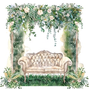 10 imágenes prediseñadas de sofás florales vintage, sofás de boda, imágenes prediseñadas de acuarela imprimibles, PNG de alta calidad, descarga digital, manualidades de papel, revistas basura