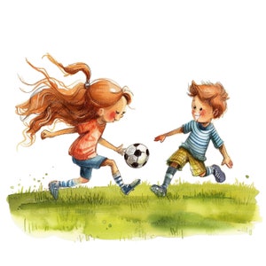 10 imágenes prediseñadas de fútbol para niños, fútbol infantil, niños de dibujos animados, imágenes prediseñadas de acuarela imprimibles, JPG de alta calidad, descarga digital, artesanía en papel