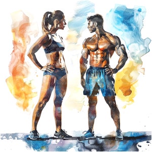 10 Fitness Paar Clipart, Fitness Clipart, druckbare Aquarell Clipart, hochwertige JPGs, digitaler Download, Papiermodell, Junk Journal