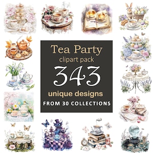 343 Tea Party Clipart BUNDLE, Printable Tea Cups, Tea set, Printable Watercolor clipart, High Quality JPGs, Digital download, Clipart Set