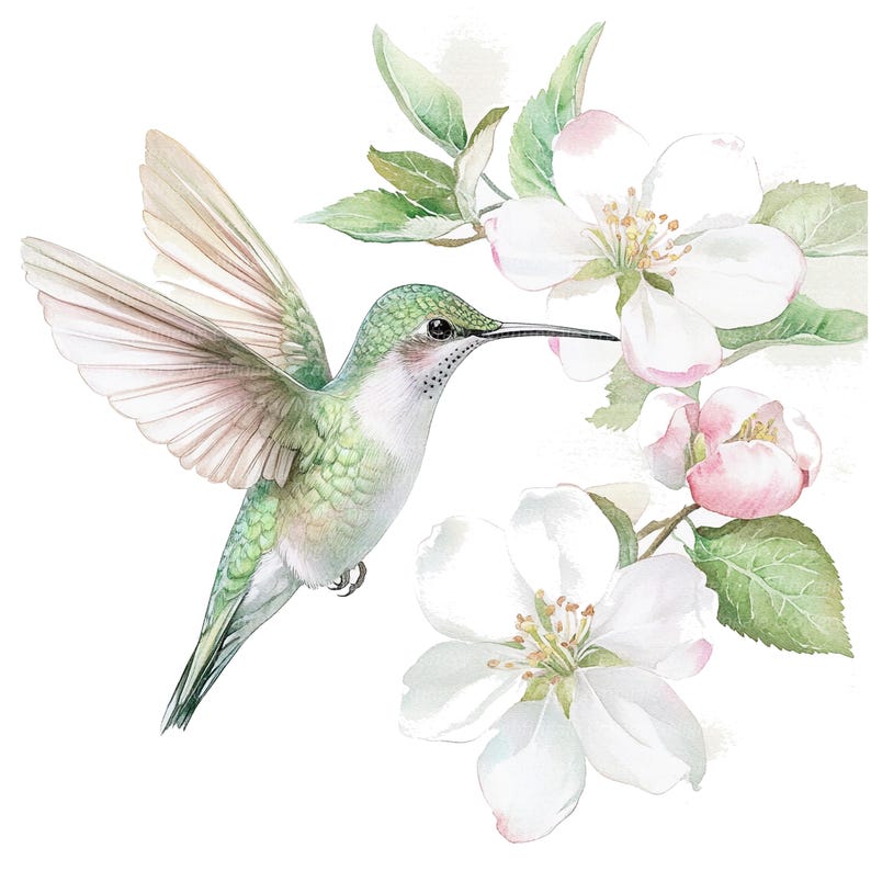 May include: A green hummingbird with a long beak hovers near white and pink apple blossoms with green leaves. The hummingbird has a long, slender beak and iridescent green feathers.