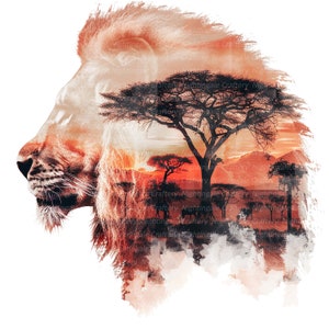 K&ouml;nnte beinhalten: Digitaler Kunstdruck mit dem Profil eines L&ouml;wen, &uuml;berlagert mit einer afrikanischen Savanne. Das Bild zeigt einen L&ouml;wenkopf in Braun- und Oranget&ouml;nen, mit einer Sonnenuntergangslandschaft mit B&auml;umen und Bergen im Hintergrund.