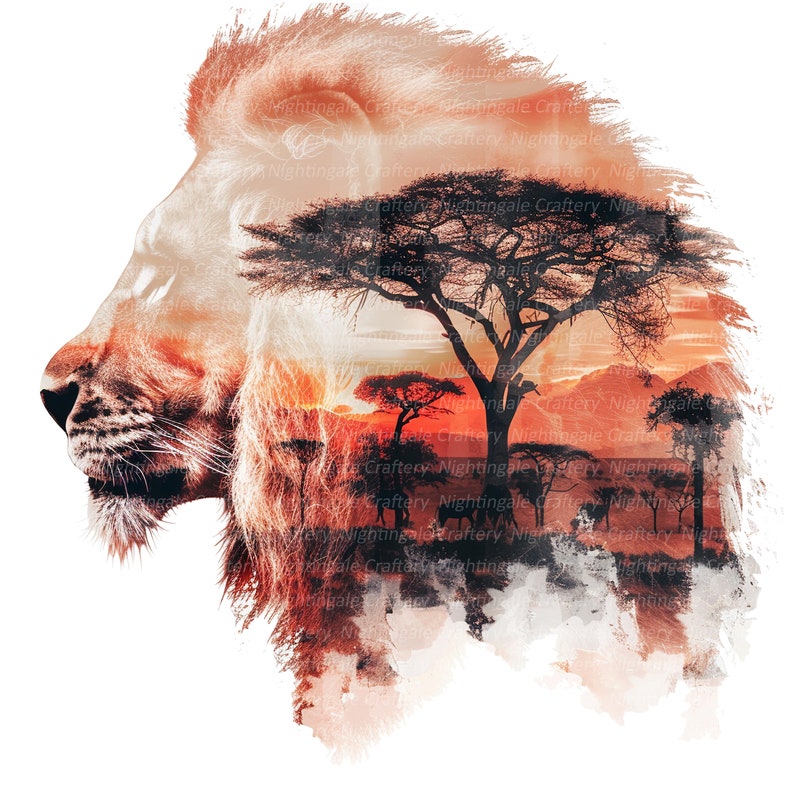 K&ouml;nnte beinhalten: Digitaler Kunstdruck mit dem Profil eines L&ouml;wen, &uuml;berlagert mit einer afrikanischen Savanne. Das Bild zeigt einen L&ouml;wenkopf in Braun- und Oranget&ouml;nen, mit einer Sonnenuntergangslandschaft mit B&auml;umen und Bergen im Hintergrund.