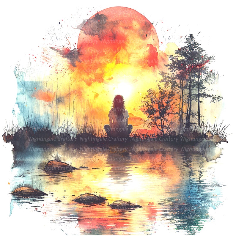 Puede incluir: Pintura a la acuarela de una persona sentada junto a un lago, frente a una vibrante puesta de sol. La escena incluye &aacute;rboles, hierba y el reflejo del atardecer en el agua. La obra est&aacute; firmada "Nightingale Craftery".