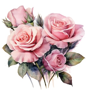 10 Pink Roses Bouquet Clipart, Wedding Bouquet, Printable Watercolor ...