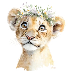 7 つの花のサファリ動物のクリップアート、保育園の動物、印刷可能な水彩画のクリップアート、高品質の JPG、デジタル ダウンロード、ペーパー クラフト、ジャーナル