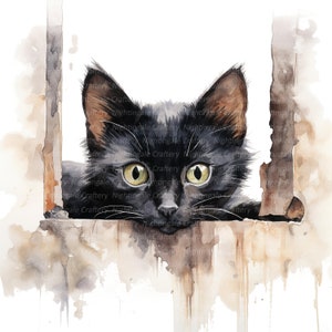May include: A black cat with green eyes peeks through a wooden fence. The cat's fur is painted in a watercolor style, with soft edges and subtle shading. The fence is painted in a similar style, with brown and gray tones.