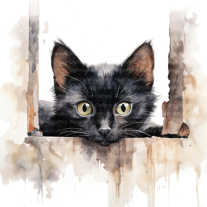 May include: A black cat with green eyes peeks through a wooden fence. The cat's fur is painted in a watercolor style, with soft edges and subtle shading. The fence is painted in a similar style, with brown and gray tones.
