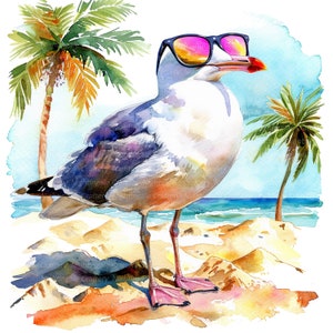 10 zeemeeuw op vakantie clipart, meeuw clipart, afdrukbare aquarel clipart, hoge kwaliteit jpg's, digitale download, Paper Craft, ongewenste tijdschriften