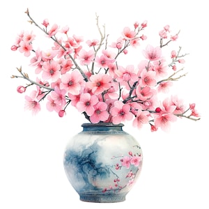 12 imágenes prediseñadas japonesas de Sakura en jarrón, imágenes prediseñadas de flor de cerezo, imágenes prediseñadas de acuarela imprimibles, JPG de alta calidad, descarga digital, artesanía de papel