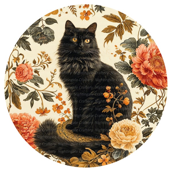 10 Floral Black Cat Clipart, Vintage Black Cat, Printable Watercolor clipart, High Quality JPGs, Digital download, Paper craft, junk journal
