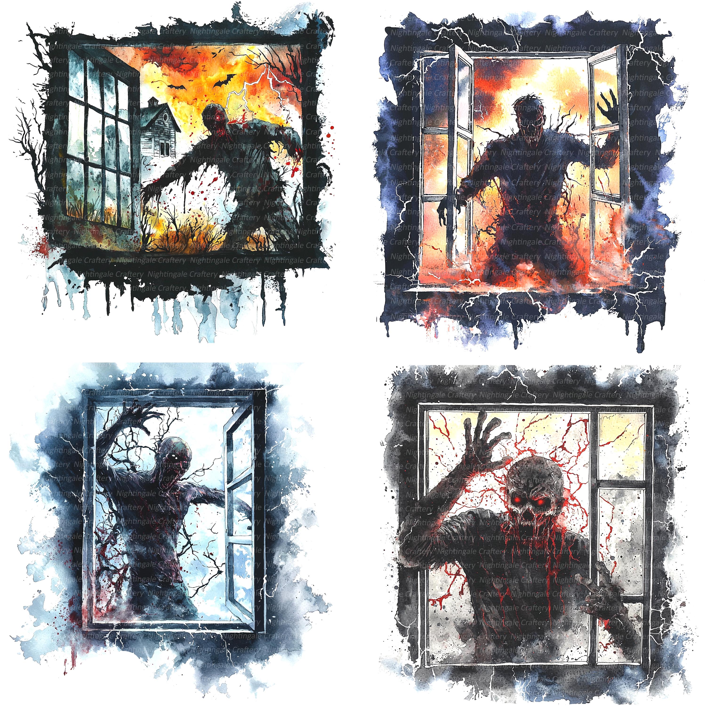 Zombie Window Scene 16 Halloween Clipart, Zombie and Window, Printable Watercolor Clipart ...