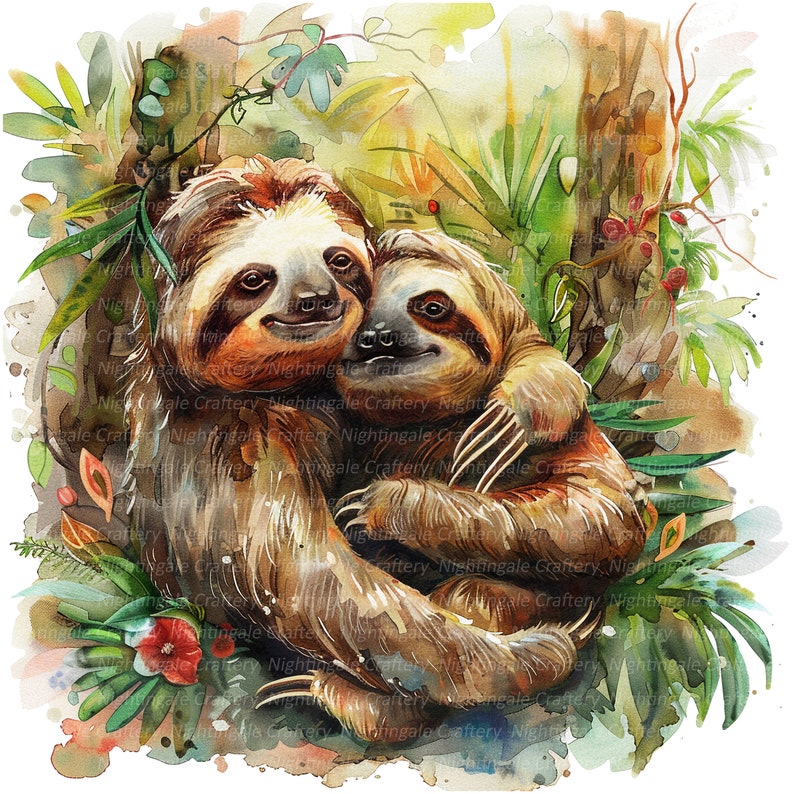 7 Sloths in Jungle Clipart, Sloths Friends, Printable Watercolor ...