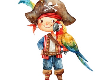 12 Cartoon Pirates Clipart, Cute Pirates Print, Printable Watercolor clipart, High Quality JPG, Digital download, Paper craft, junk journal