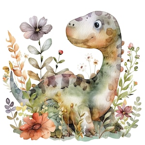 12 Cartoon Dinosaur Clipart, Floral Dinosaur Set 2, Printable Watercolor clipart, Wysokiej Jakości JPG, Pobieranie Cyfrowe, Rękodzieło Papierowe, Dzienniki