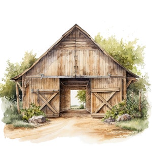 10 Clipart di porte di fienile, Clipart di fienile di fattoria, Clipart di acquerelli stampabili, PNG di alta qualità, Download digitale, Artigianato di carta, diari spazzatura