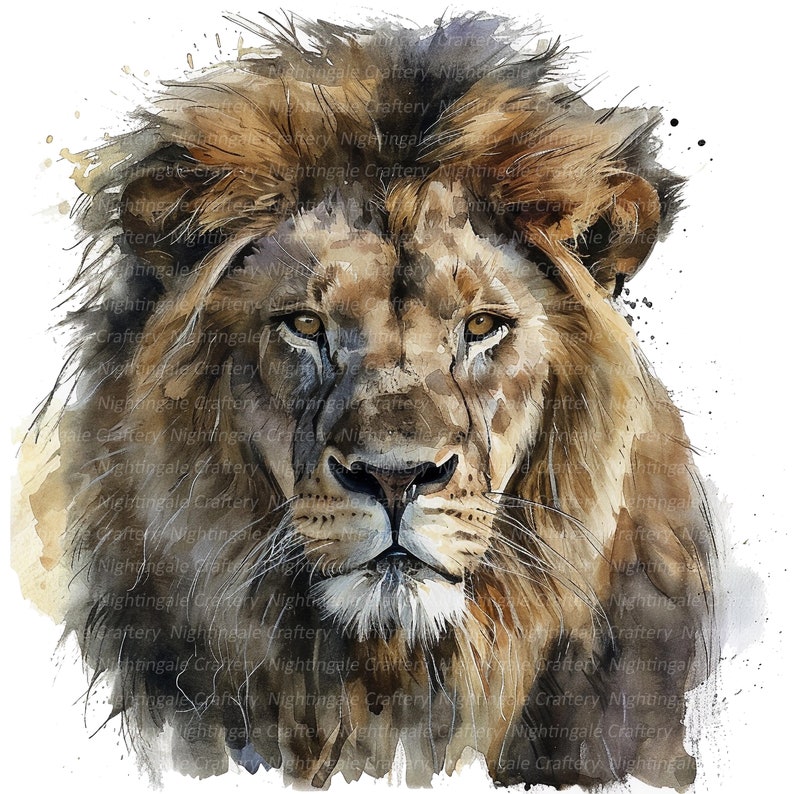 K&ouml;nnte beinhalten: Ein Aquarellbild eines L&ouml;wenkopfes mit einer detaillierten M&auml;hne. Der L&ouml;we hat einen ernsten Ausdruck und seine Augen sind auf den Betrachter gerichtet. Der Hintergrund ist ein leichter Farbauftrag, der einen weichen und &auml;therischen Effekt erzeugt.