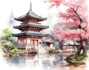 10 Clipart del paesaggio del tempio giapponese, clipart acquerello stampabile, JPG di alta qualità, download digitale, alta risoluzione, mestiere di carta