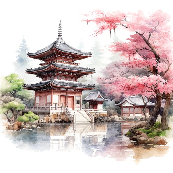 10 cliparts paysage de temple japonais, clipart aquarelle imprimable, fichiers JPG de haute qualité, téléchargement numérique, haute résolution, créations en papier