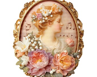 14 Victorian Cameo Clipart, Floral Brooch Digital Clipart