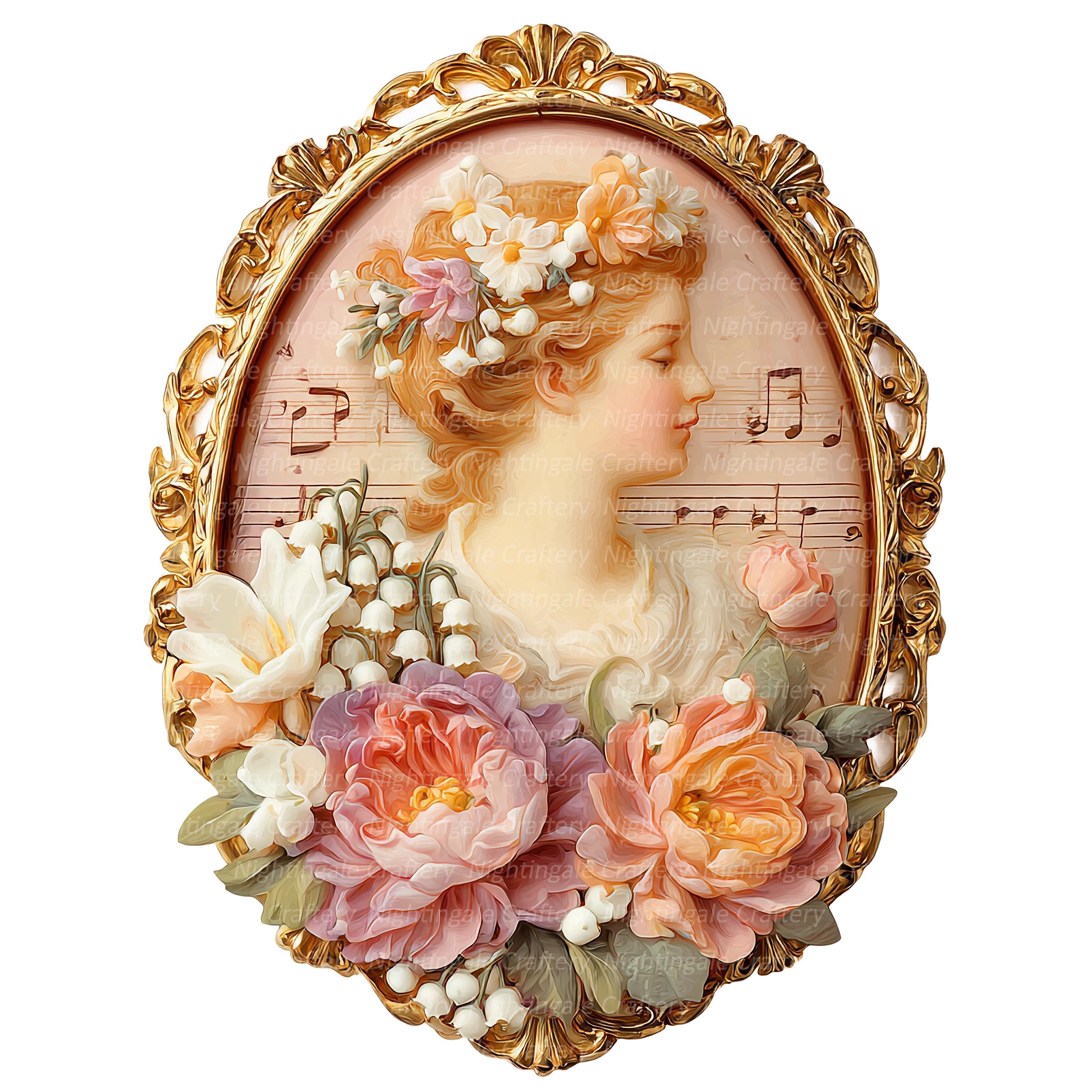 14 Victorian Cameo Clipart, Floral Brooch Digital Clipart