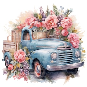 14 Floral Truck Clipart Set 2, Vintage Truck, Printable Watercolor clipart, High Quality JPG, Digital download, Paper craft, junk journals