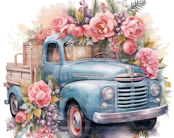 14 Floral Truck Clipart Set 2, Vintage Truck, Printable Watercolor clipart, High Quality JPG, Digital download, Paper craft, junk journals