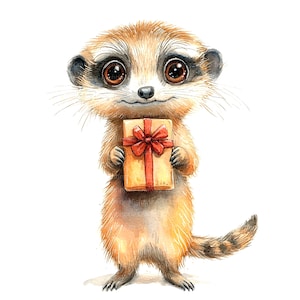 10 Erdmännchen mit Geschenk Clipart, Geburtstagskarte, druckbare Aquarell Clipart, hochwertige JPGs, digitaler Download, Papiermodell, Junk Journals
