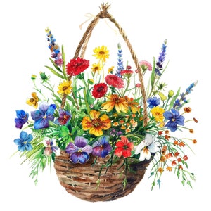 May include: A woven basket overflowing with a colourful bouquet of wildflowers. The flowers include purple pansies, yellow and orange wildflowers, red and pink flowers, and blue wildflowers. The basket is hanging from a rope handle.