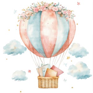 12 Nursery Hot Air Balloon Clipart, Traveling Clipart, Printable Watercolor clipart, High Quality JPGs, Digital download, Paper craft