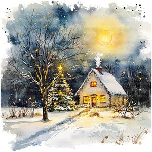 12 Christmas House Clipart Set 2, Kartka świąteczna, Wydrukowalne akwarelowe cliparty, Wysokiej jakości pliki JPG, Pobieranie cyfrowe, Rękodzieło papierowe, dziennikarstwo
