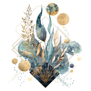 Peut inclure: Illustration à l'aquarelle d'éléments botaniques dans des tons de bleu sarcelle, d'or et de bleu marine. Le design présente des feuilles stylisées, des brins et des formes géométriques, avec des accents dorés et des éléments circulaires. L'œuvre a un aspect délicat et artistique.