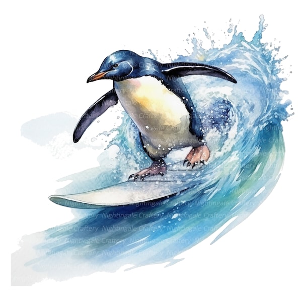 10 surf pingouin Clipart, pingouin attrayant, clipart aquarelle imprimable, JPG de haute qualité, téléchargement numérique, créations en papier, journal indésirable