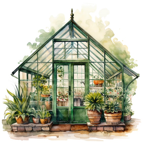 10 Garden Greenhouse Clipart, Digital Planner, Printable Watercolor clipart, High Quality JPGs, Digital download, Paper crafts, junk journal