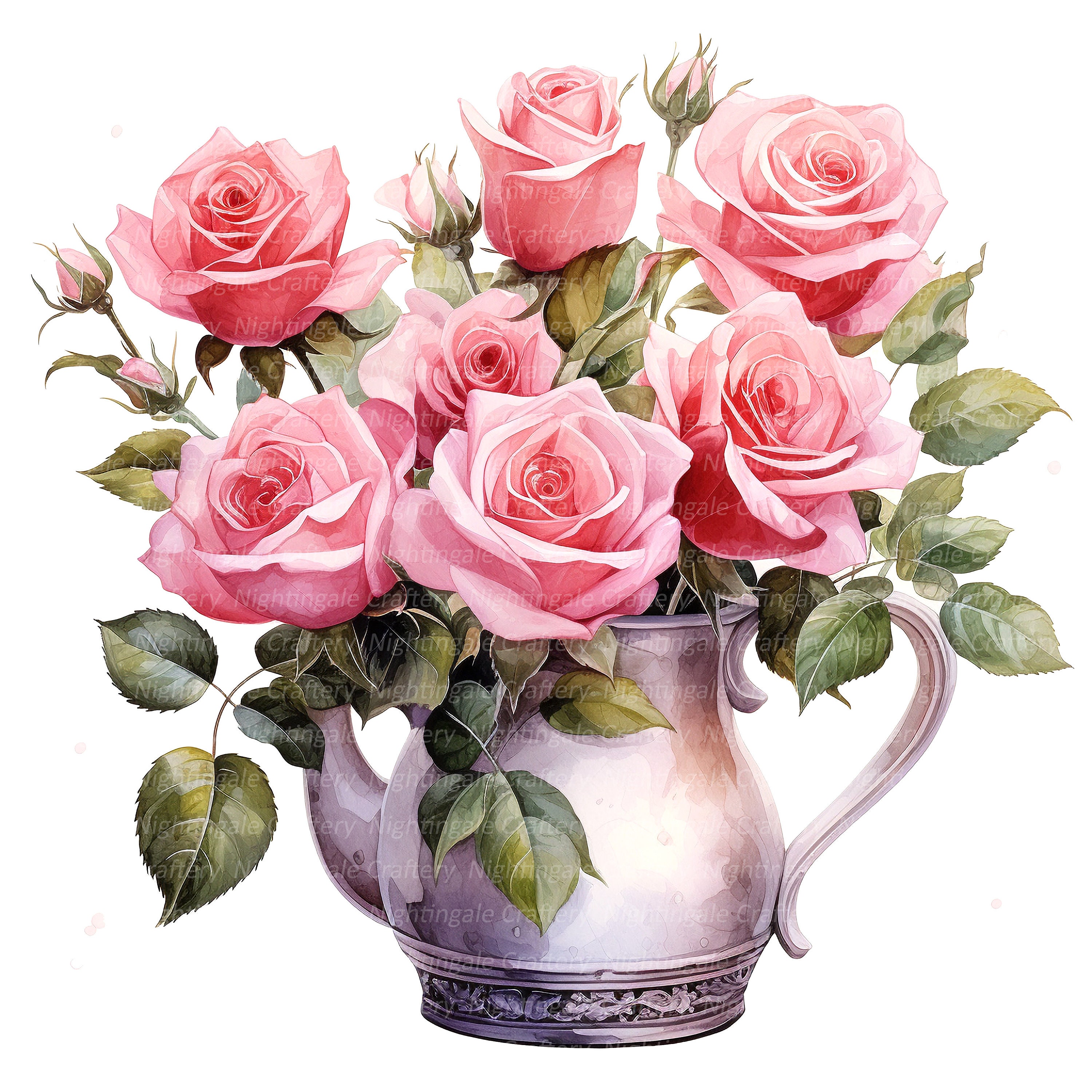 10 Pink Roses in Pot Clipart, Roses Bouquet, Printable Watercolor ...
